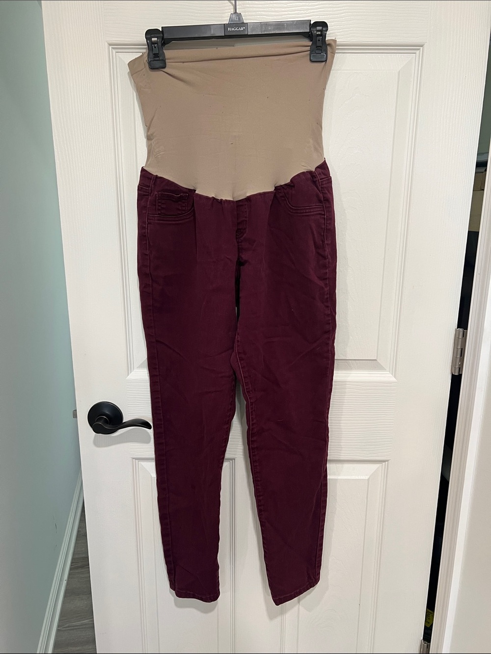 Indigo Blue Maternity Jumpsuit in Beige Top and Burgundy Bottom